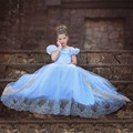 2016 Princess Elsa Blue Girls Lace Children Party Short Sleeve Dress Baby Girl Princess Party Clothes