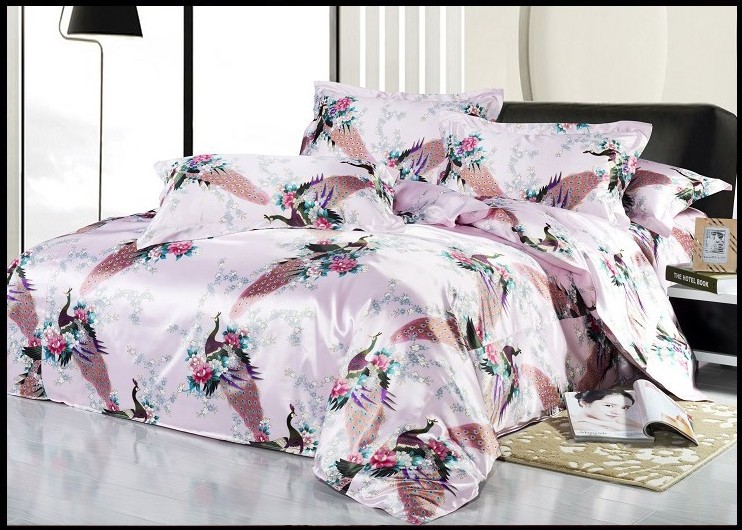 Silk pink peacock bird print bedding sets king size queen full twin
