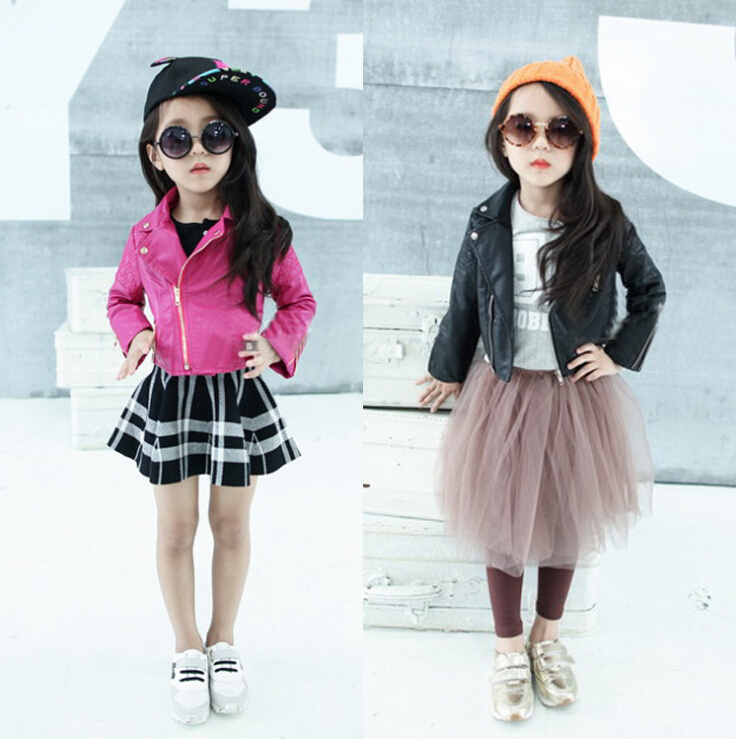 2014 Autumn Girls Fahion Style Girl PU Jacket Children Leather Coats For Girl Outerwear Kids 3
