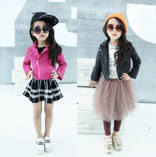 2014 Autumn Girls Fahion Style Girl PU Jacket Children Leather Coats For Girl Outerwear Kids 3