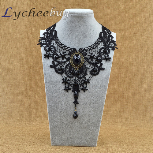 Vintage Steampunk Necklace Black Lace Beads Rhinestone Choker Collar Necklace Gothic Jewelry