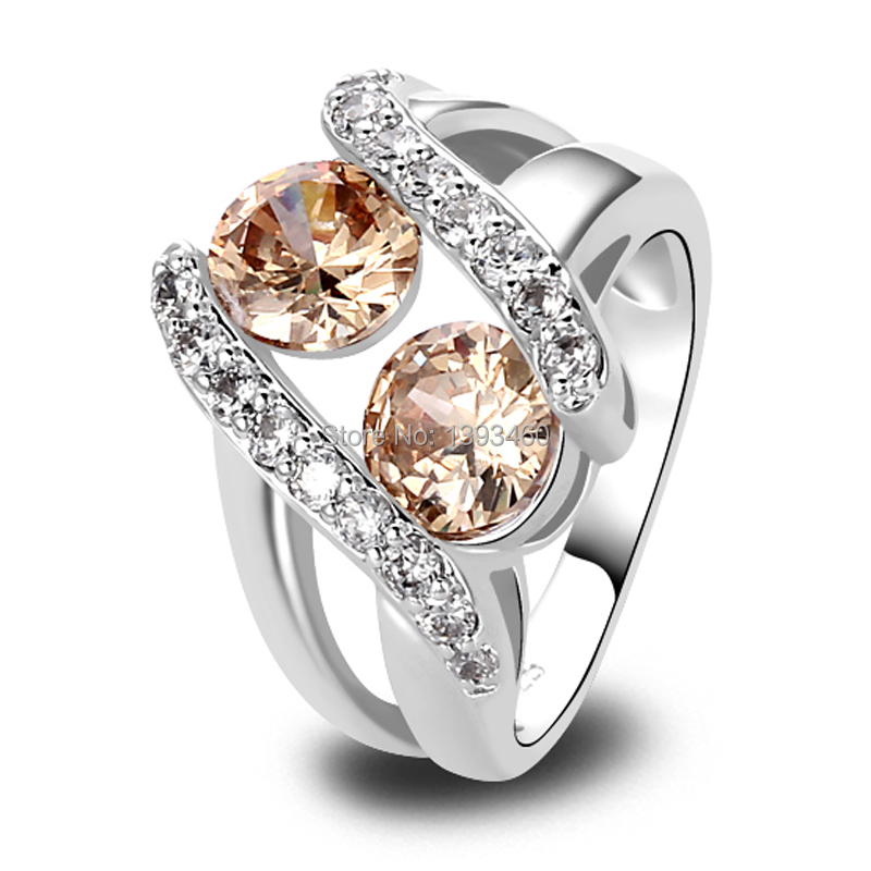 New Women Jewelry Champagne Rings Morganite Round Cut Junoesque 925 Silver Ring Size 6 7 8