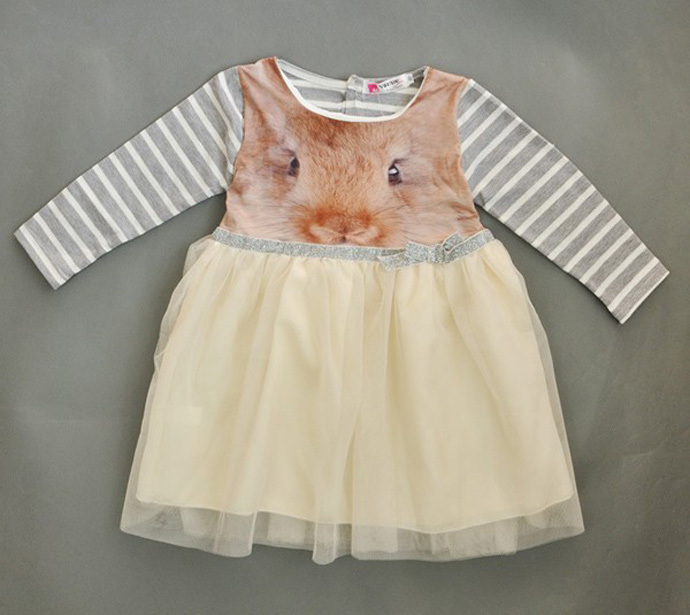 2015 Toddler girl dress Wholesale Rabbit Printing Princess Baby girl dress high quality kid clothes Stripe robe bebe enfant nina