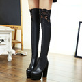 Fashion 12cm Autumn Winter New Over The Knee Black High Heeled Boots Waterproof Lace Jackboot Women