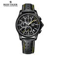 Reef Tiger RT Mens Sport Quartz Watches with Chronograph and Date Black Steel Casual Stop Watch
