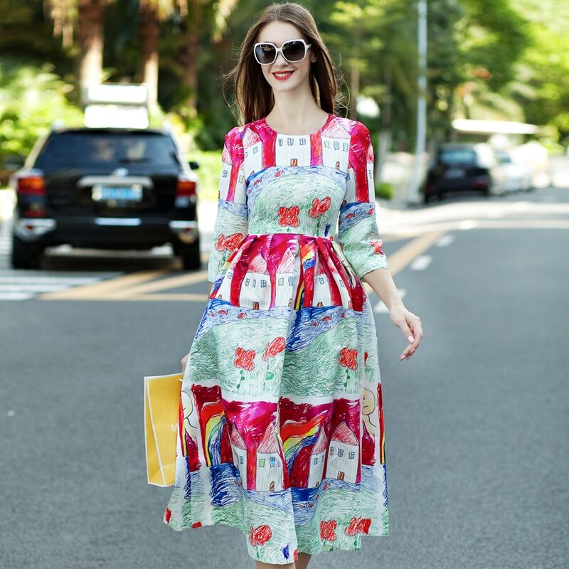 Free Shipping 2015 European and American Style Runway Long Dresses Vintage countryside Print long-sleeve dreess