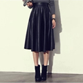 2016 autumn winter new vintage high waist slim pleated long skirt leather skirts women PU black
