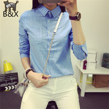 2015 NEW small Plaid Women Blouse Casual Lapel Shirt OL Long Sleeve Cotton Shirts Women Classic Grid Shirts Tops Pluse size