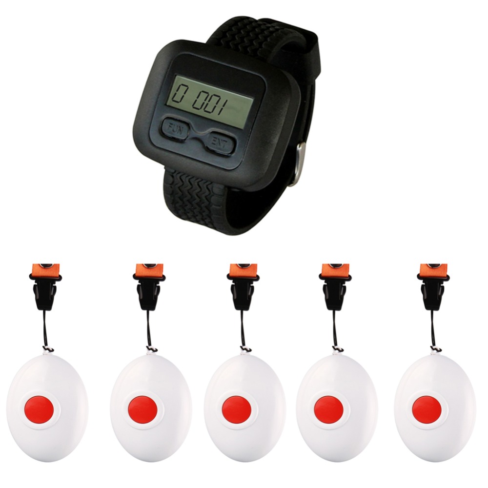 SINGCALL.Wireless Paging Calling Service System for Coffee Shop, restaurant,hotel.1 Watch receiver, 5 Bells,Buttons