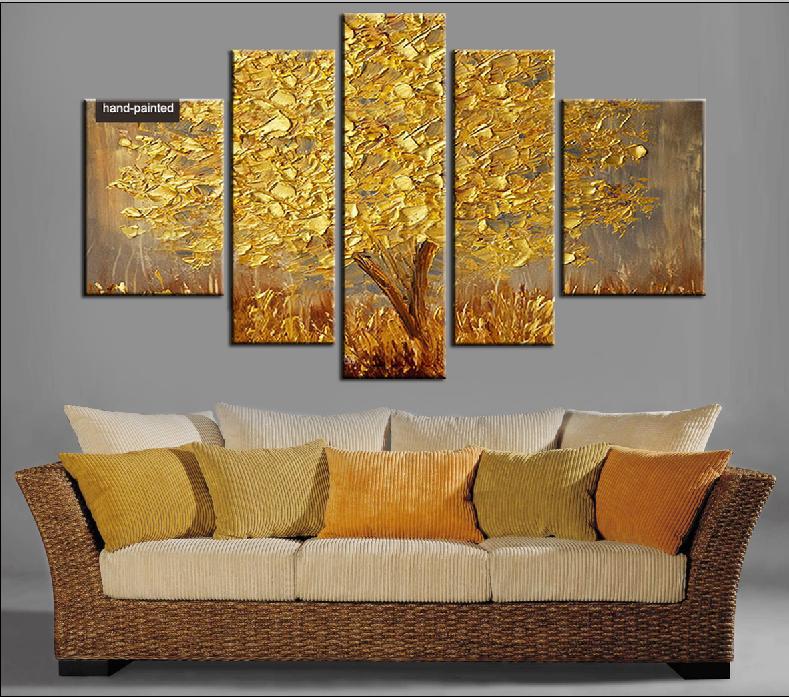 100% Handpainted High Quality Golden Tree Nice Wall Art Home Decorations Modern Abstract Art Work Five Pieces for one set