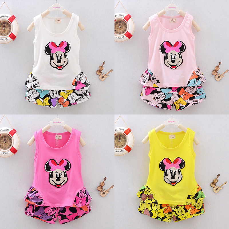 2015 Summer New Children Girl set Wholesale vest Suit Mouse baby set princess girl clothes vest t-shirt + printed pant Clothing