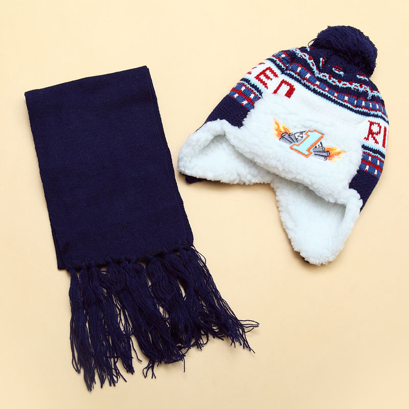 Thick Wool Baby beanie Hat and Scarf Set Dark blue winderproof Cap & Scarf set warm winter baby wear 12-36 Month kids outfit