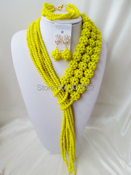 Classic 2015 New Opaque Yellow Crystal Ball Costume Necklaces Nigerian Wedding African Beads Jewelry Set NC1169