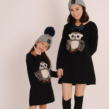 2015 autumn&winter Children Owl Animal Sport dress Clothing long tshirt for mother and daughter Pullover Cloth dress for Kids