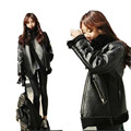 New Fashion Faux Leather Jacket Women Stand Collar Slim Big Yards PU Leather Jacket Thicken Lambswool