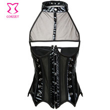 Black Mesh&PVC Leather Halter Tops Waist Trainer Steel Bone Cupless Corset Steampunk Women Sexy Open Cup Waist Training Corsets