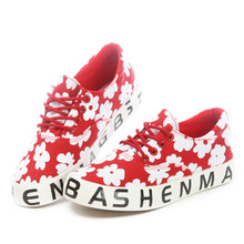 New Sweet Flower Print Lace Up Women Sneakers Fashion Casual Low Top Canvas Shoes Black Letter
