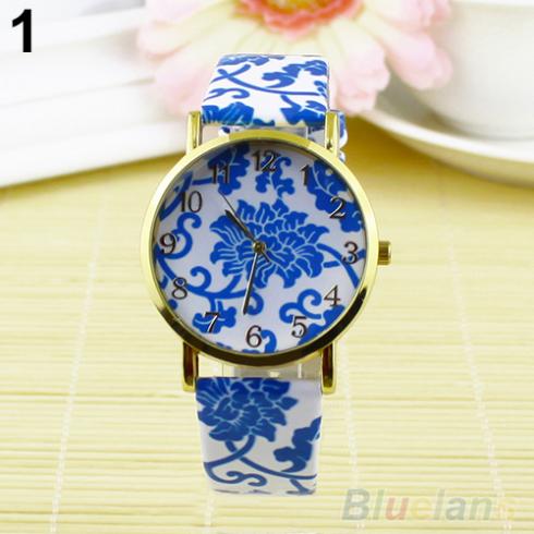 Women s Geneva Flowers Pattern Faux Leather Round Dial Analog Quartz Wrist Watch 28CN