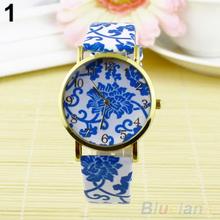 Mujeres de ginebra flores patrón de imitación de cuero del Dial redondo análogo de cuarzo reloj de pulsera 28CN