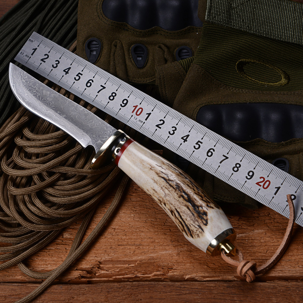 Damascus Knife Chase Month Elder Straight Knives With Antlers Handle Damascus Steel Blade Camping Hunting Outdoor Survival Knife