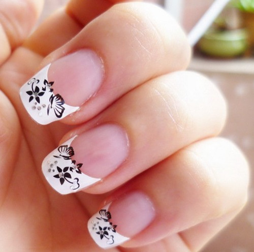 Nail Art 3D Stickers Decal French Tips Manicure White Black Flowers