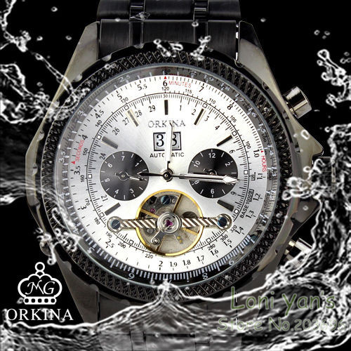 Orkina White Chronograph Skeleton Dial Mechanical Black Steel Mens Wrist Watch+Gift Box Free Ship