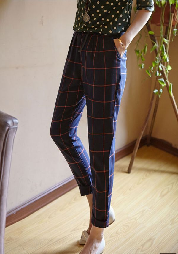 Spring Autumn Fashion Women Casual Check Harem Plaid Pants Loose Grid Long Trousers 2 Colors Gray/Blue S/M/L