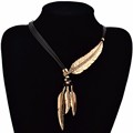 Fashion Bohemian Style Black Rope Chain Feather Pattern Pendant Necklace For Women Fine Jewelry Collares Statement
