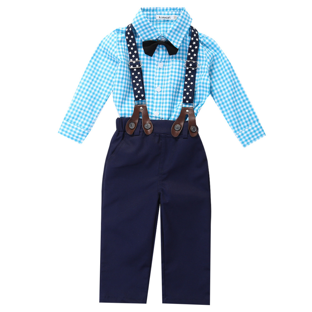 2016 Outfits Baby Boy Autumn font b Plaid b font Shirt Suspender Pants Formal Wedding Outfits