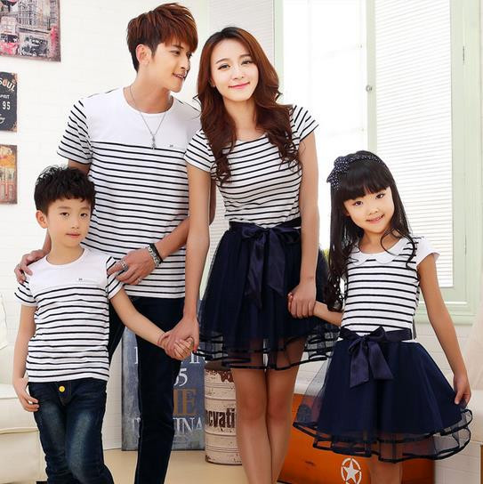 Family Look Striped Summer Dress 2015 Patchwork Family Matching Outfits Matching Mother Daughter Clothes Bow Mesh Tutu Dresses11
