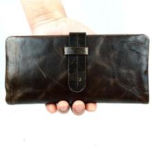 Luxury Brand High Quality 100% Top Genuine Oil Wax Cowhide Leather Men Long Bifold Wallet Purse Vintage Designer Male Carteira