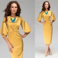 Women dress New female leisure temperament elegant dress round collar yellow color lanterns 7 minutes sleeve