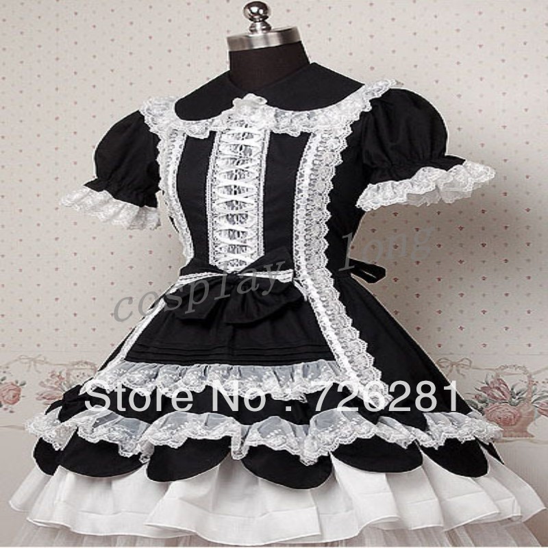 Fashion Sweet Women Ladies Black Cute Ruffles Bow Falbala Short Sleeves High Waist Lolita Dress Cake Dresses Cosplay Costumes