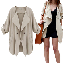 2016 Autumn Spring Women Slim Long Trench Coat Solid Color Cotton Blend Button Double Pocket Windbreaker Outwear S-4XL