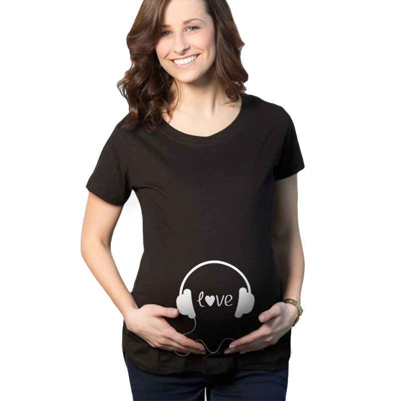 Black-Color-Tee-Fashion-Pregnant-Maternity-T-Shirts-Casual-Love-Headphones-Maternity-Shirt-Funny-Maternity-Shirts