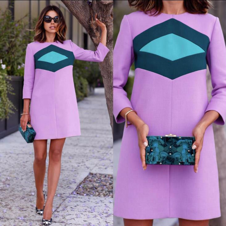 Summer-Dress-three-quarter-patchwork-2015-New-Fashion-Sexy-Purple-O-neck-Casual-Party-A-line