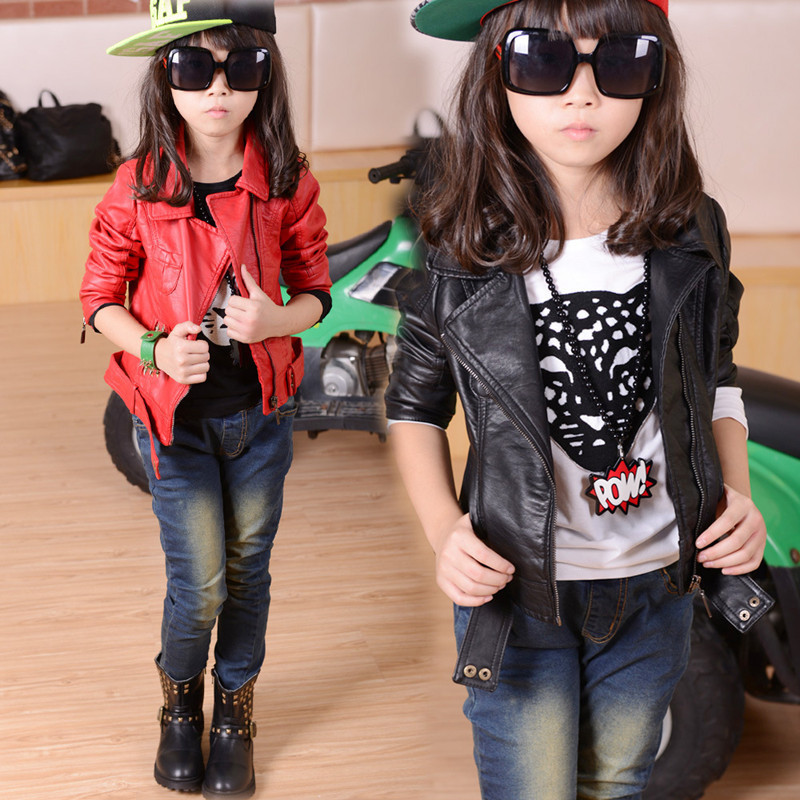 4 11T 2016 autumn girl fashion outerwear coats PU leather jackets coats baby girl clothing two