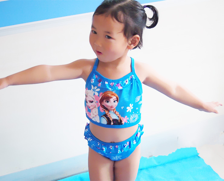2015 summer girls swim dress ice snow flower patterns silk baby cute cartoon swimmingsuits children two piece swim sets