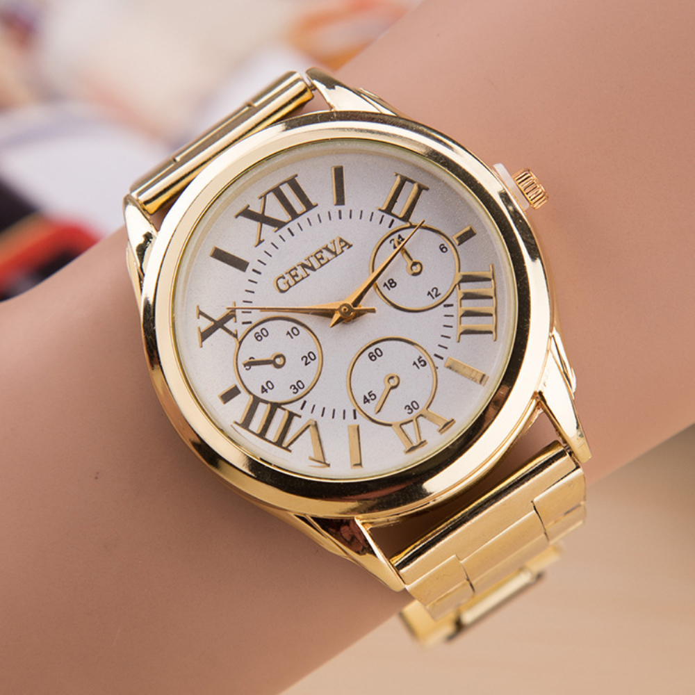 2016 New Brand Gold Geneva Casual Quartz Watch Women Stainless Steel Dress Watches 3 Eyes Relogio Feminino Ladies Clock Hot Sale