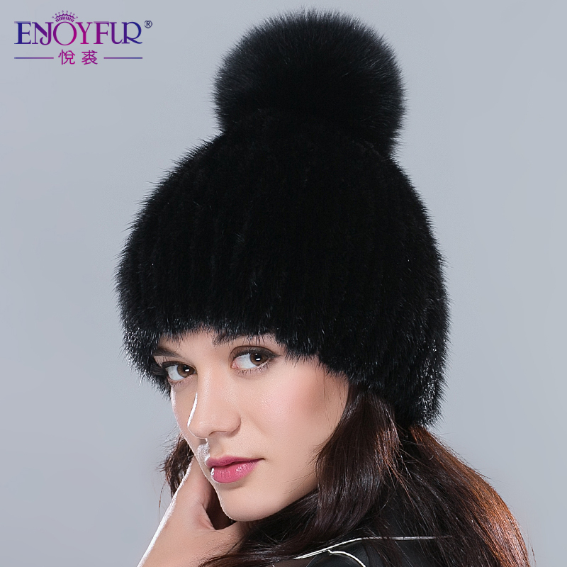 Real mink fur hats for winter women fur cap with fox fur pom pom top 2015 new sale high quality luxury female knitted beanies