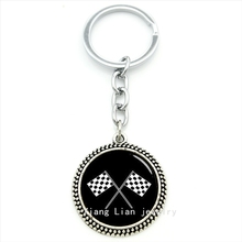 Vintage accessories white and black keychain racing chequered flag 4 checkered flags photo pendant key ring jewelry gift T492