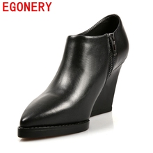 women autumn winter ankle boots high heels wedges fashion sapatos femininos 2015 genuine leather black boots pumps shoes woman