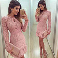 New Arrive Vestidos Women Fashion Casual Lace Dress 2016 O Neck Sleeve Pink Evening Party Dresses