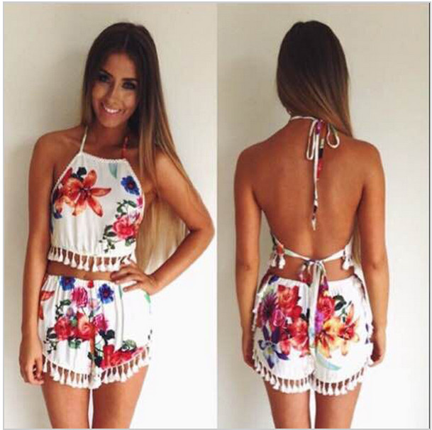 2015 New Macacao Feminino Women Beach Print Crop Top Shorts Twinset Two Piece Outfits Playsuit ... 2015 New Macacao Feminino Women Beach Print Crop Top Shorts Twinset Two Piece Outfits Playsuit ...