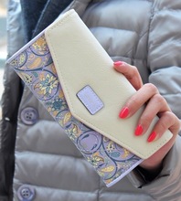 2015 New Fashion Envelope Women Wallet Hit Color 3Fold Flowers Printing 5Colors PU Leather Wallet Long