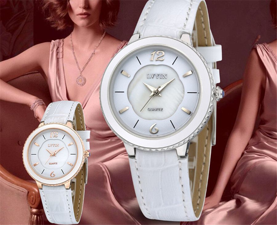 Hot Women Ladies Stainless Steel White Leather Watch Quartz Analog Wrist Watch Fashion 10614-15