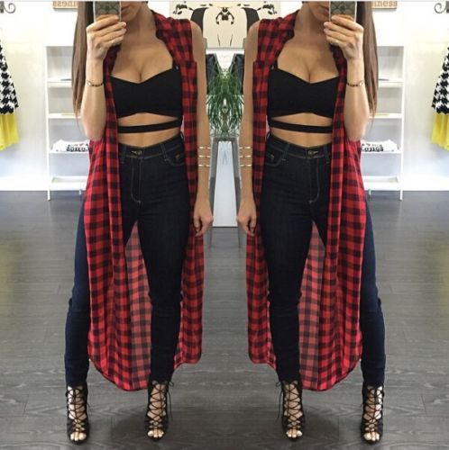 2015 Hot New Women Sexy Loose Fit font b Tartan b font Plaid Side Split Long