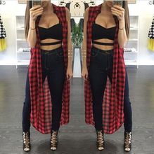 2015 Hot New Women Sexy Loose Fit font b Tartan b font Plaid Side Split Long