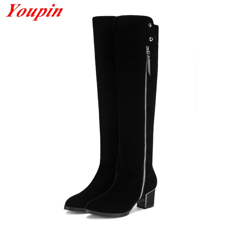 Thick With Knee Boots Winter Short Plush Pointed Toe Long Boots Nubuck Leather Woman Shoe Zip Fashion Thick With Knee Boots