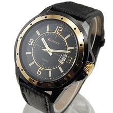 Lujo cuarzo Dial horas día fecha Golden Clock a la moda y Bussiness de cuero de hombre acero inoxidable reloj de pulsera 5UXM